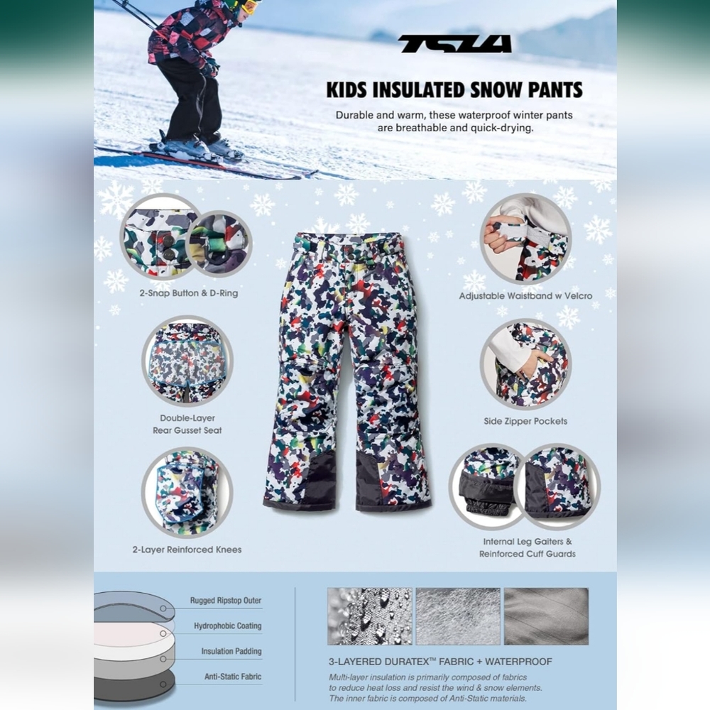 TSLA Kids Winter Cargo Insulated Waterproof Windproof Snow Pants Size Large NWT - Picture 15 of 16